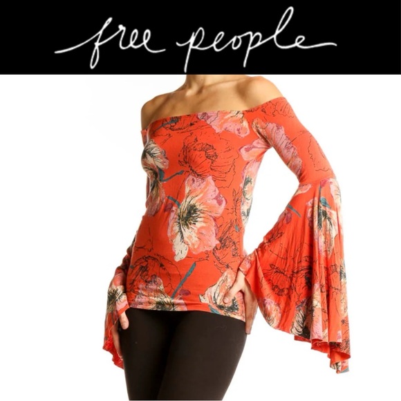 Free People Tops - FREE PEOPLE WE THE FREE ORANGE FLORAL OFF THE SHOULDER BELL SLEEVE FITTED TOP